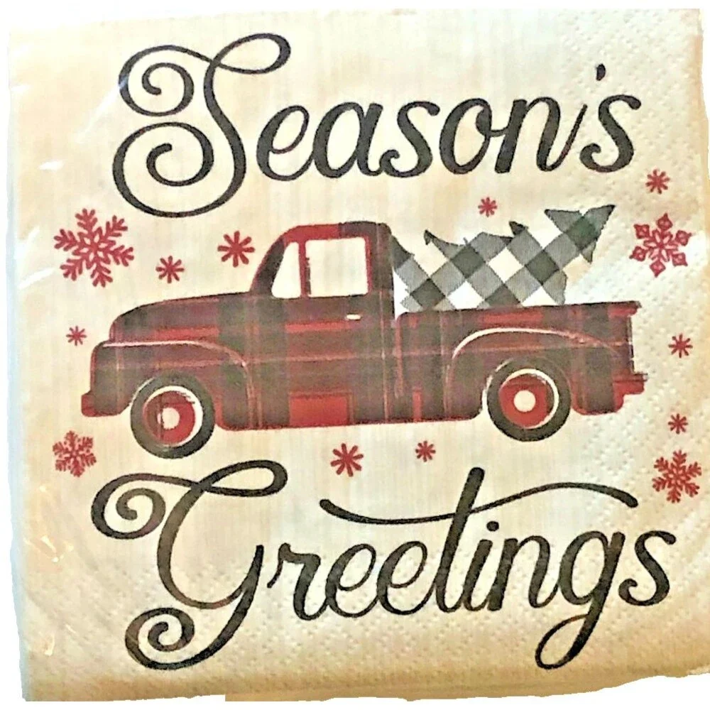 Christmas Red Farm Truck Paper Cocktail Napkins Seasons Greetings 60ct Decoupage